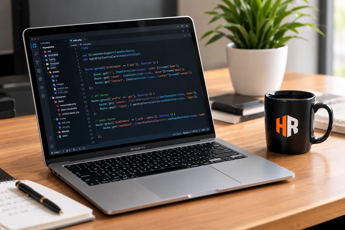 Laptop with PHP code and HR coffee mug on a desk